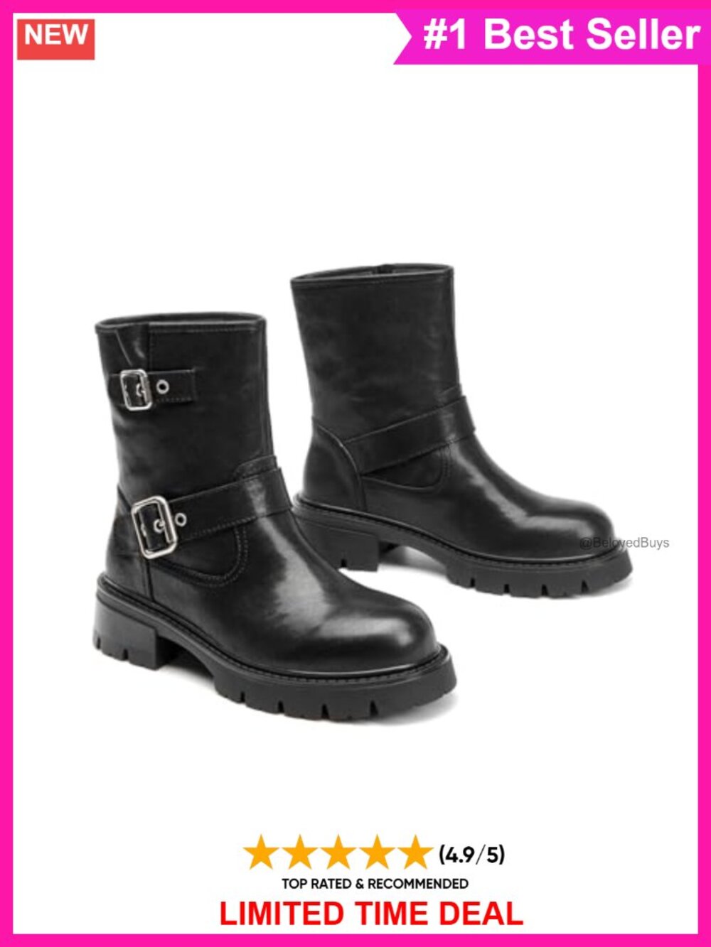 BEAU TODAY Cow Leather Motorcycle Ankle Boots Pull-On Block Heel
